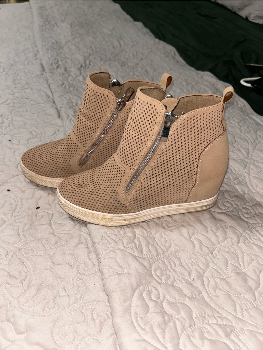 Perforated Wedge Sneaker Bootie in Beige